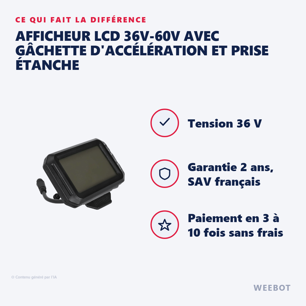 Afficheur LCD 36V-60V avec Gâchette d'Accélération et Prise Étanche : les points forts