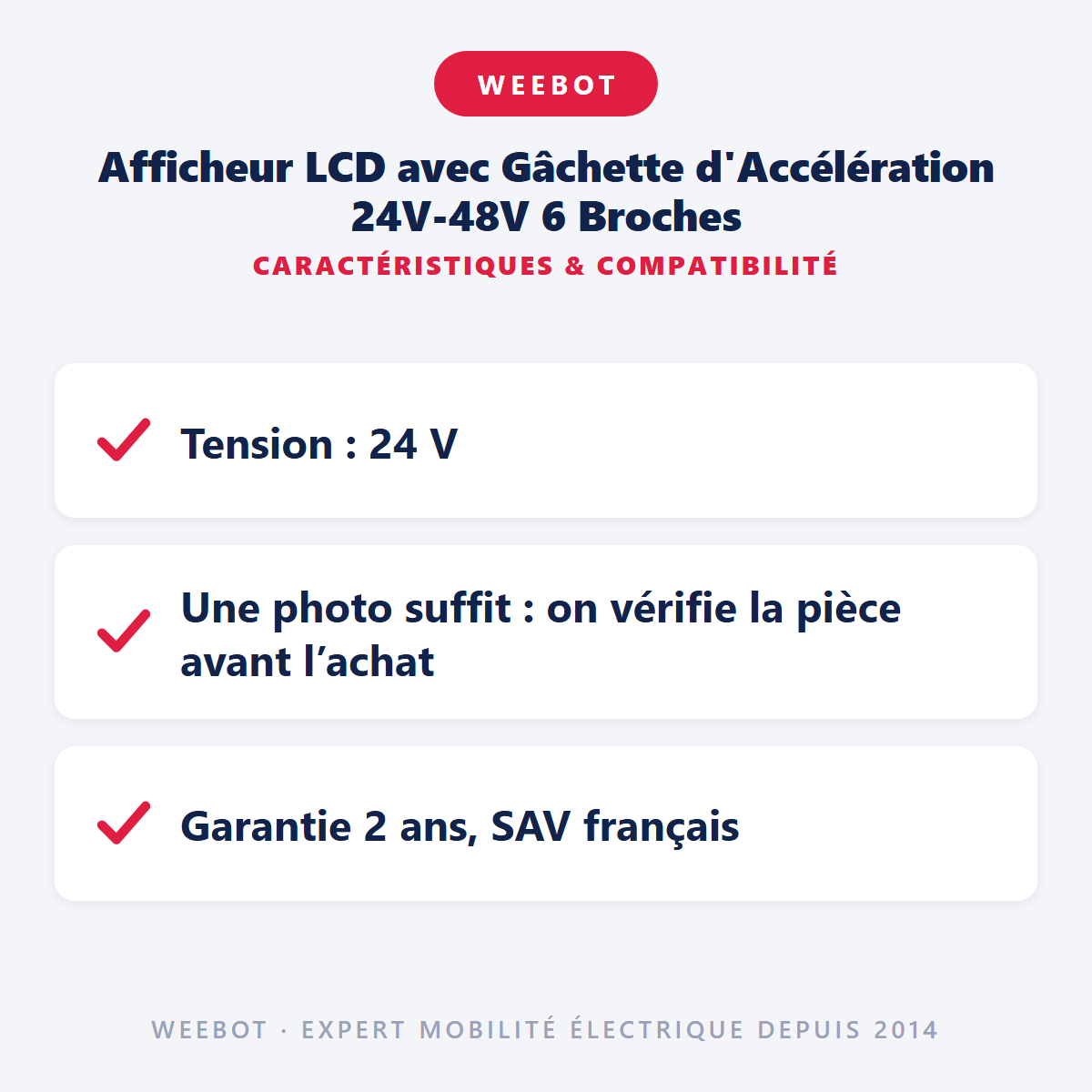 Afficheur LCD avec Gâchette d'Accélération 24V-48V 6 Broches : caractéristiques et compatibilité