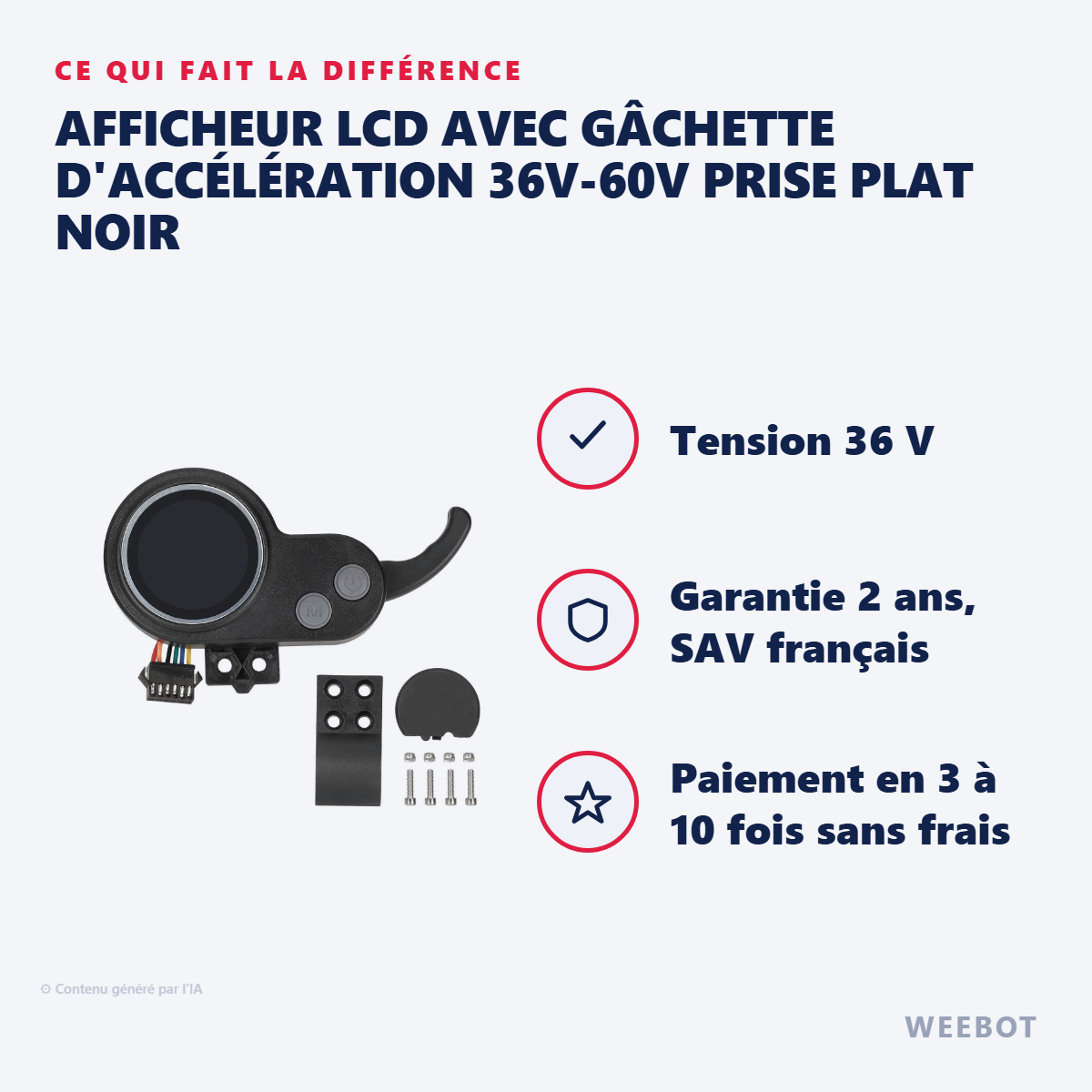 Afficheur LCD avec Gâchette d'Accélération 36V-60V Prise Plat Noir : les points forts