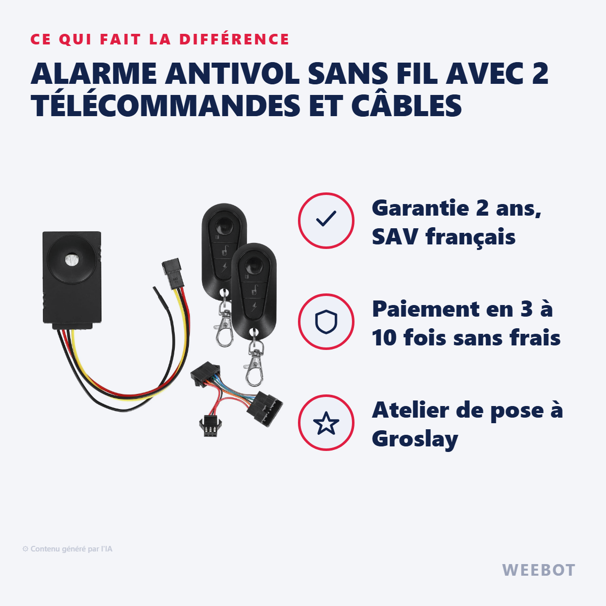 Alarme Antivol Sans Fil avec 2 Télécommandes et Câbles : les points forts
