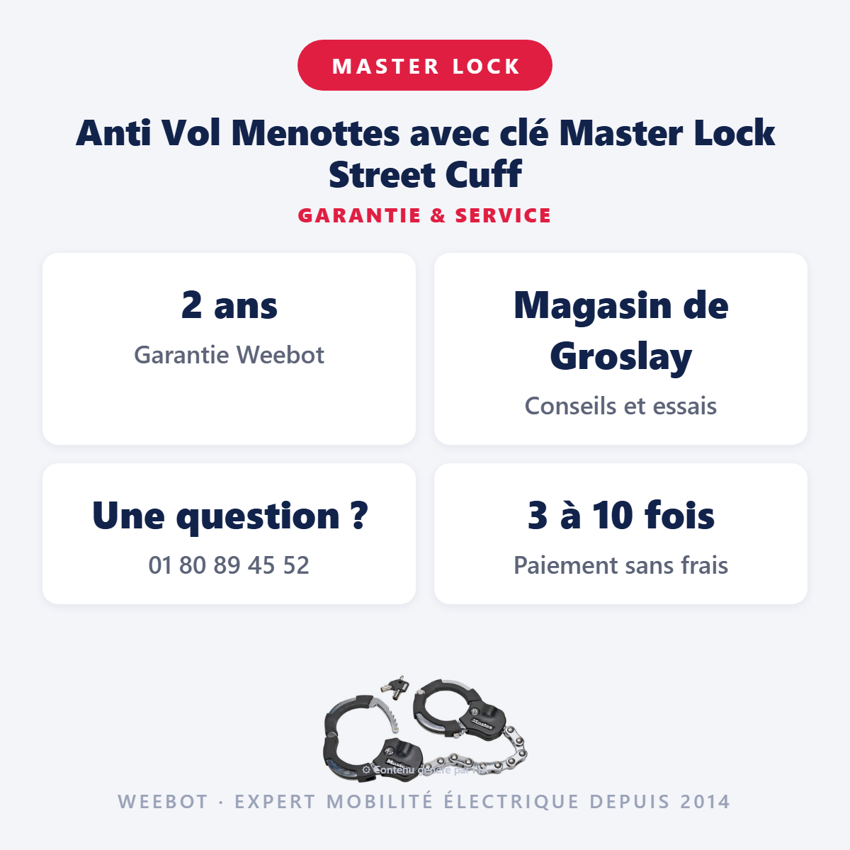 Anti Vol Menottes avec clé Master Lock Street Cuff : garantie 2 ans et service après-vente