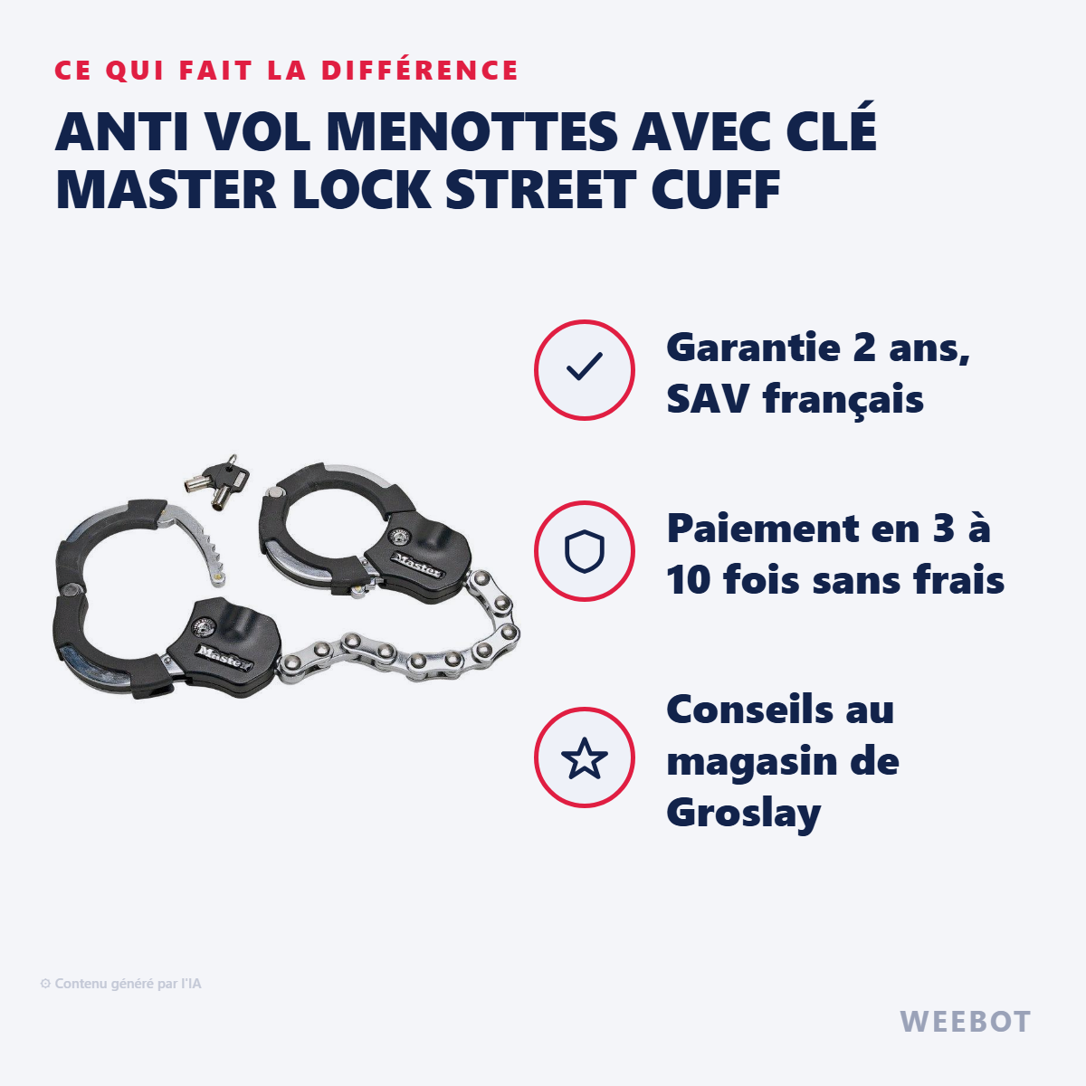 Anti Vol Menottes avec clé Master Lock Street Cuff : les points forts
