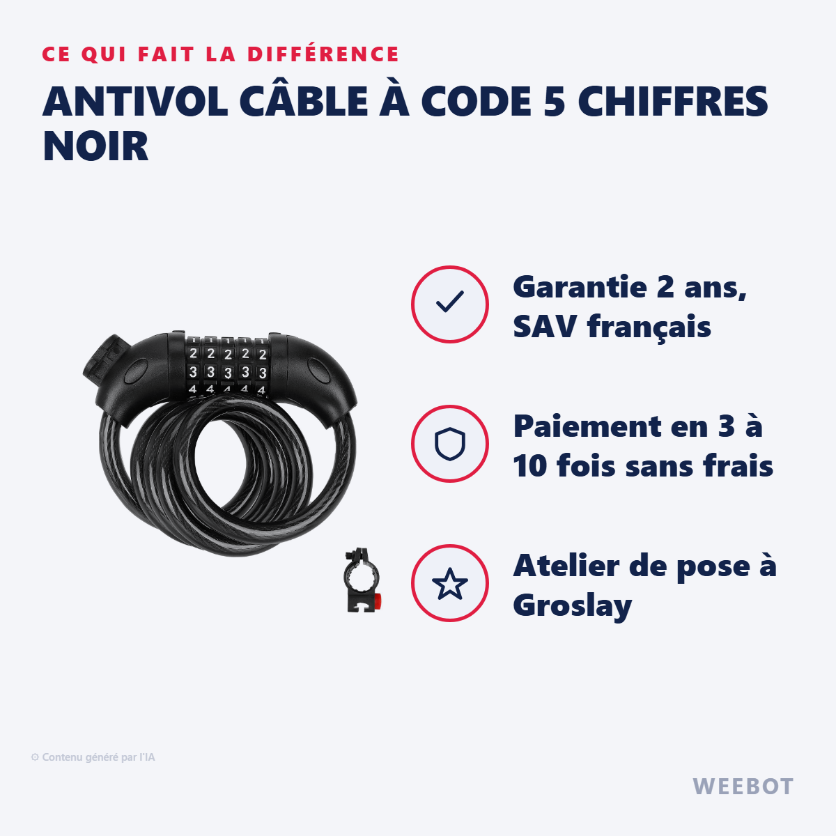Antivol Câble à Code 5 Chiffres Noir : les points forts