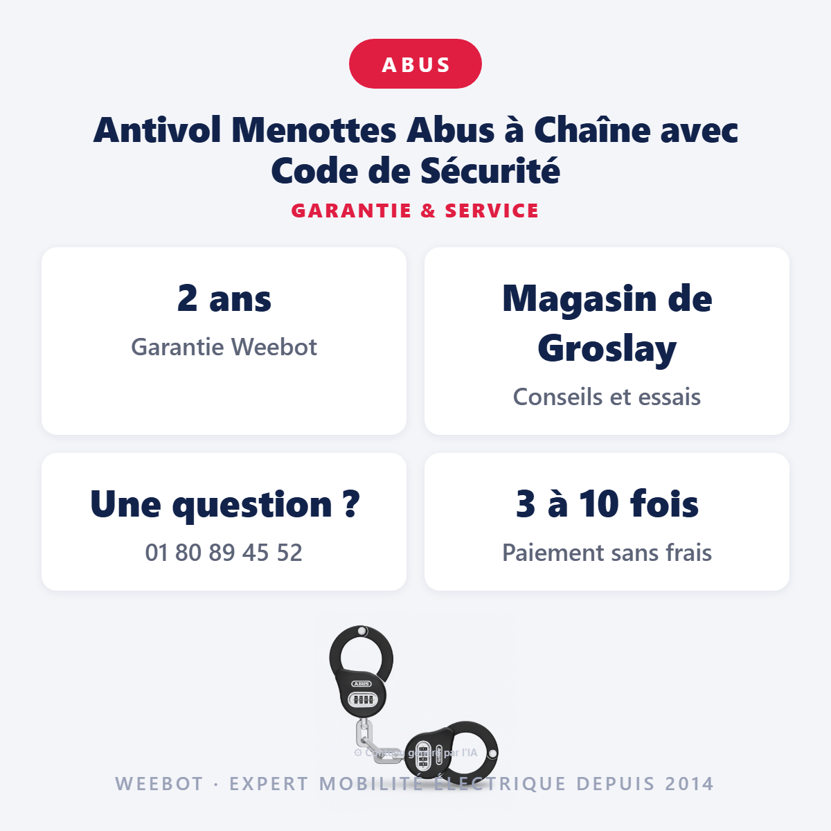 Antivol Menottes Abus à Chaîne avec Code de Sécurité : garantie 2 ans et service après-vente