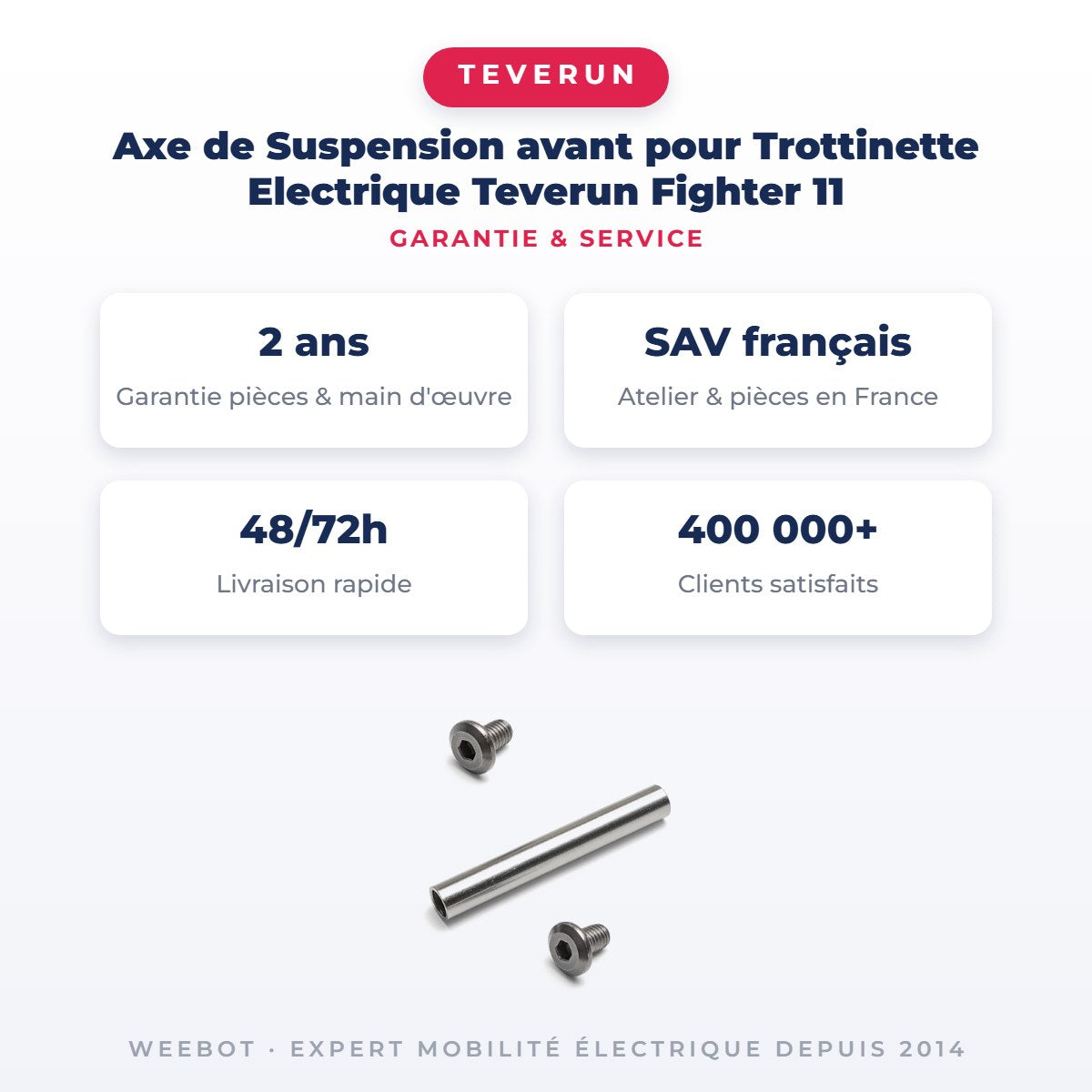 Axe de Suspension avant pour Trottinette Electrique Teverun Fighter 11 — garantie 2 ans pièces et main d'œuvre : SAV français