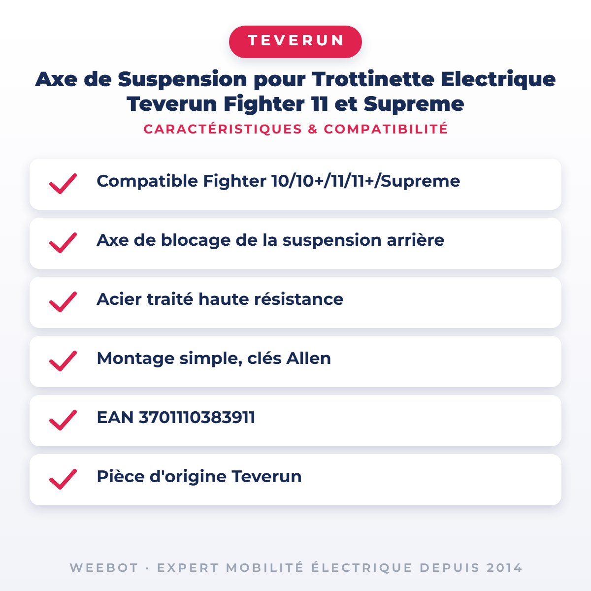 Axe de Suspension pour Trottinette Electrique Teverun Fighter 11 et Supreme — caractéristiques et compatibilité