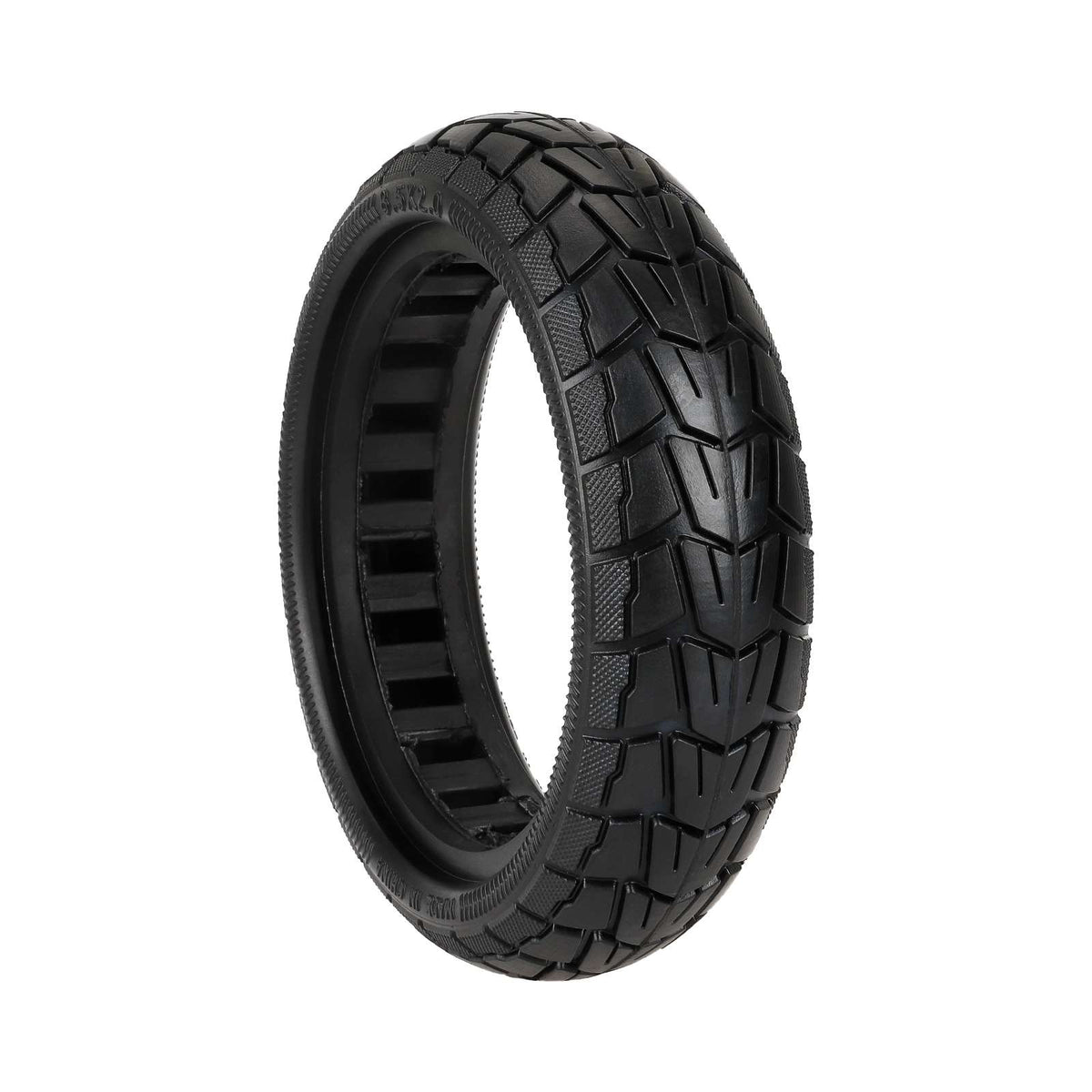 Pneu plein tout-terrain 8,5 pouces noir à alvéoles pour trottinette électrique vu de trois-quarts
