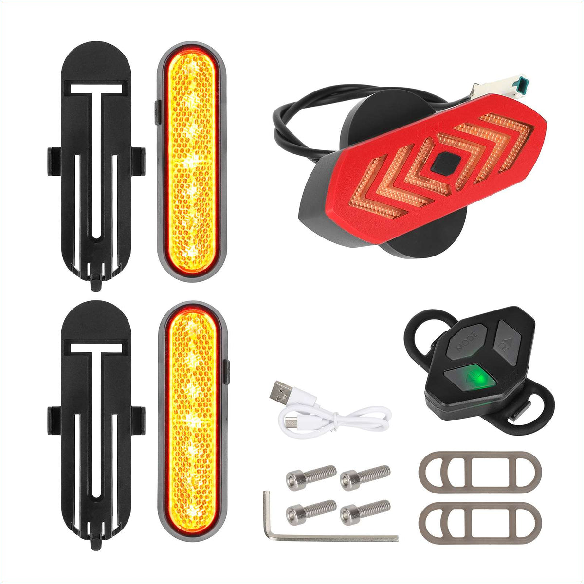 Kit complet de clignotants rechargeables jaunes, feu arrière, télécommande et accessoires de fixation
