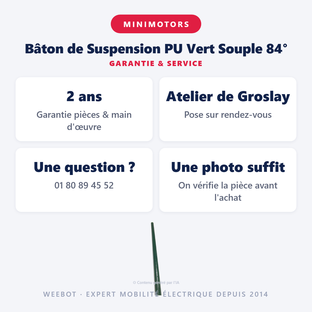 Bâton de Suspension PU Vert Souple 84° : garantie 2 ans et service après-vente