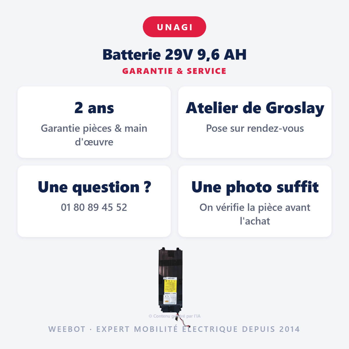 Batterie 29V 9,6 AH : garantie 2 ans et service après-vente