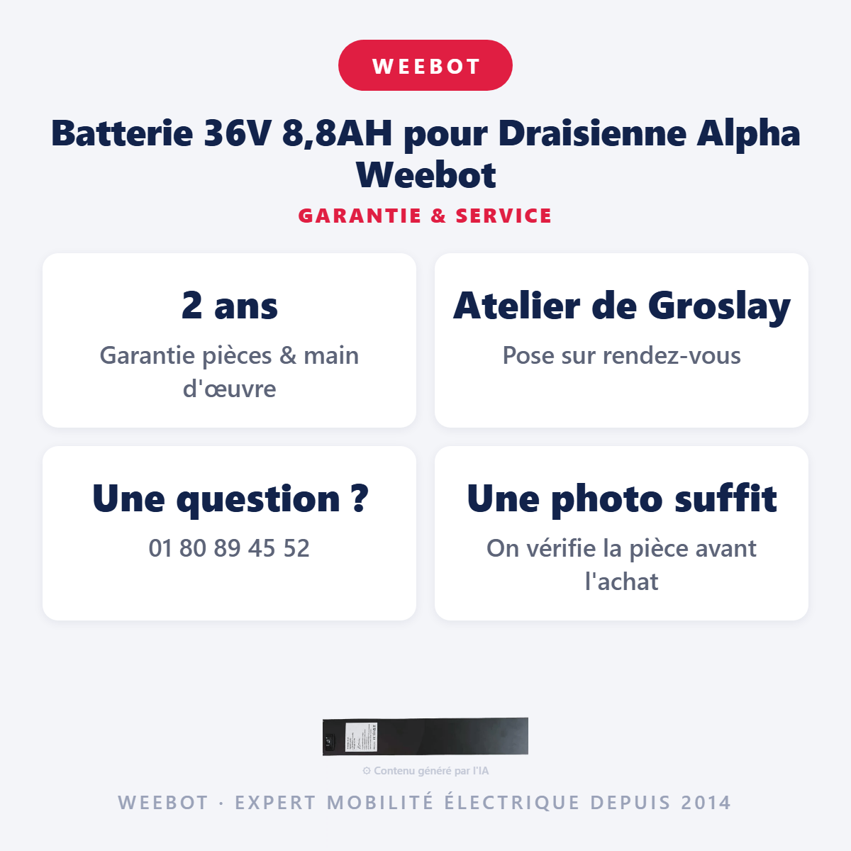 Batterie 36V 8,8AH pour Draisienne Alpha  Weebot : garantie 2 ans et service après-vente