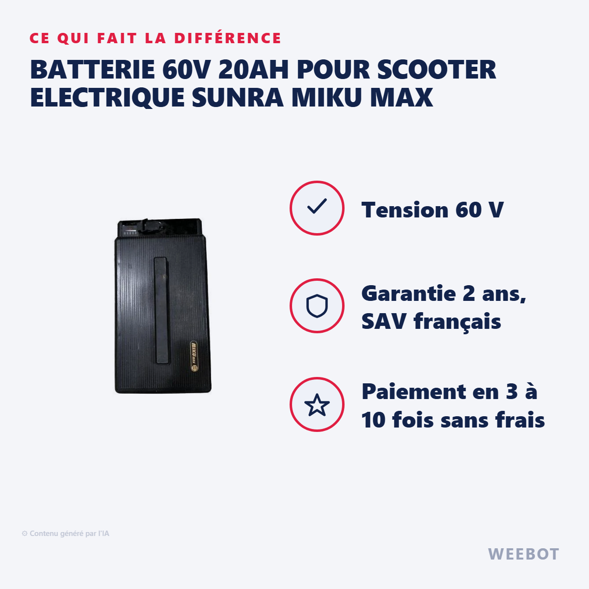 Batterie 60V 20Ah pour Scooter Electrique Sunra Miku Max : les points forts