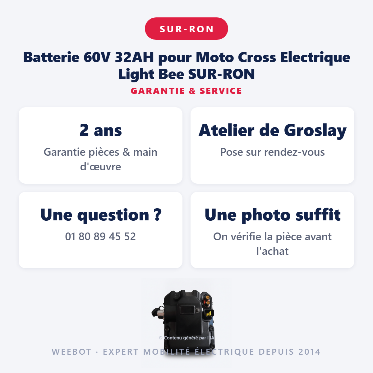 Batterie 60V 32AH pour Moto Cross Electrique Light Bee SUR-RON : garantie 2 ans et service après-vente