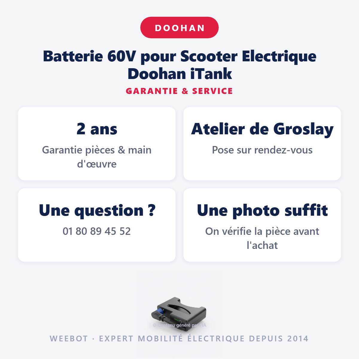 Batterie 60V pour Scooter Electrique Doohan iTank : garantie 2 ans et service après-vente