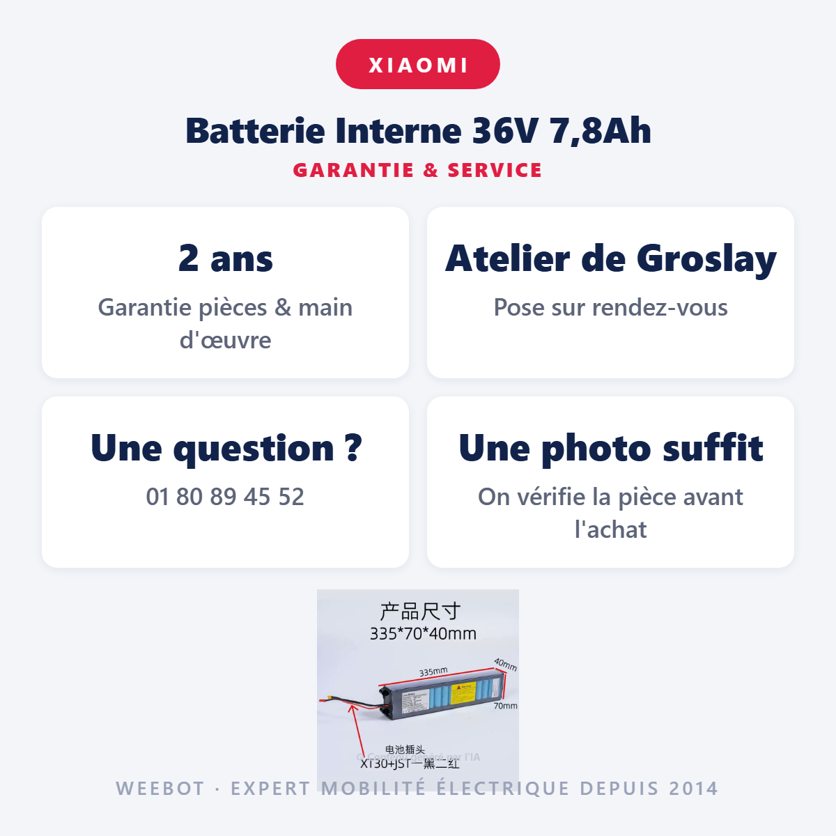 Batterie Interne 36V 7,8Ah : garantie 2 ans et service après-vente
