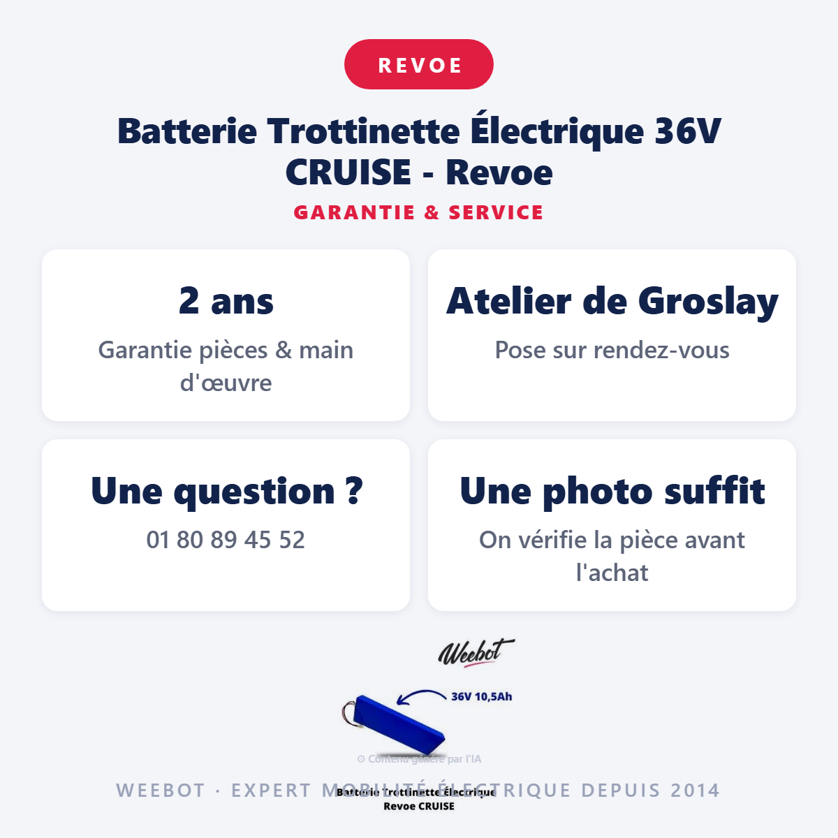 Batterie Trottinette Électrique 36V CRUISE - Revoe : garantie 2 ans et service après-vente
