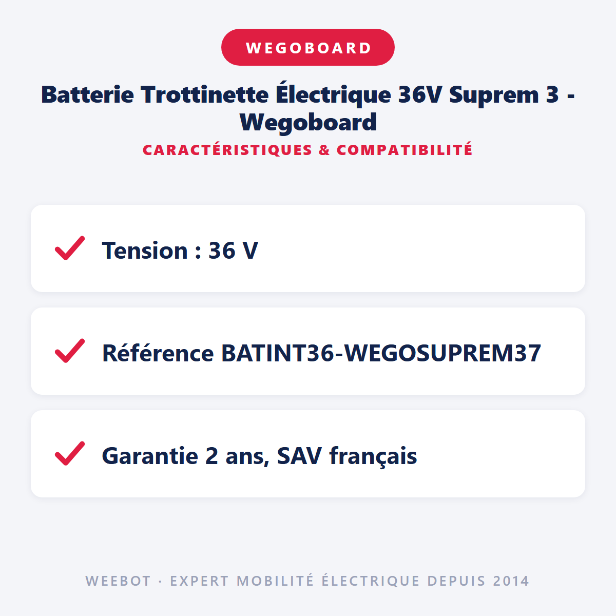 Batterie Trottinette Électrique 36V Suprem 3 - Wegoboard : caractéristiques et compatibilité