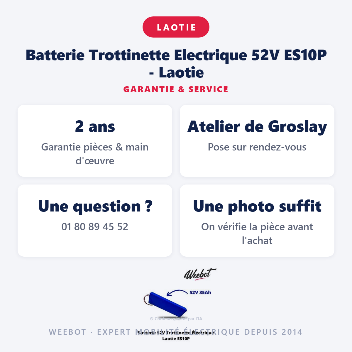 Batterie Trottinette Electrique 52V ES10P - Laotie : garantie 2 ans et service après-vente