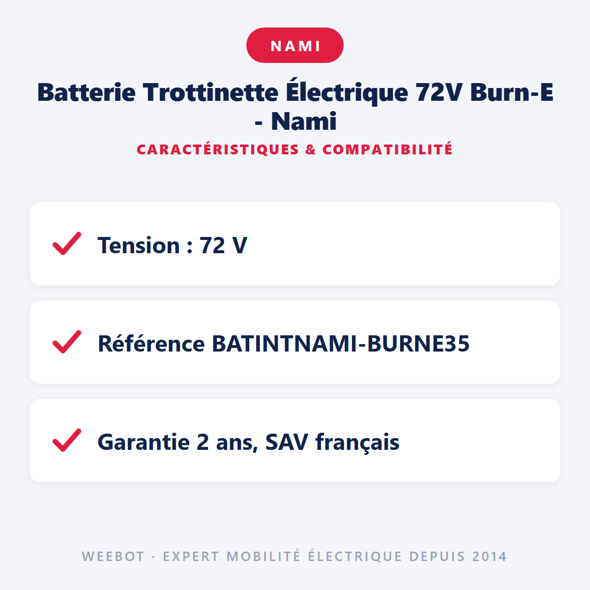 Batterie Trottinette Électrique 72V Burn-E - Nami : caractéristiques et compatibilité
