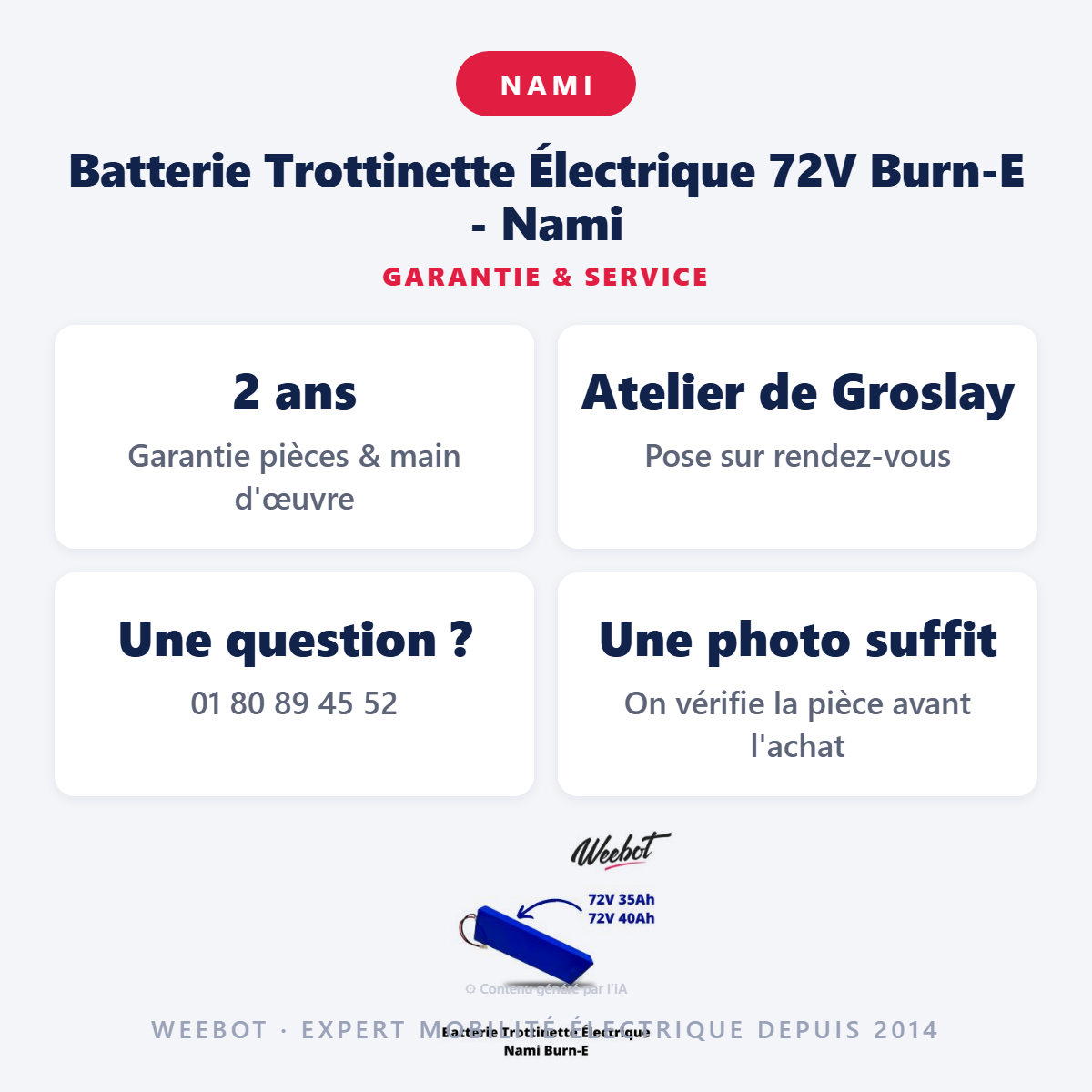 Batterie Trottinette Électrique 72V Burn-E - Nami : garantie 2 ans et service après-vente