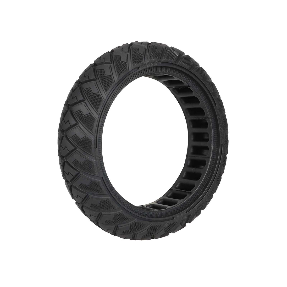 Pneu plein tout-terrain noir de 8,1 pouces vu de trois-quarts