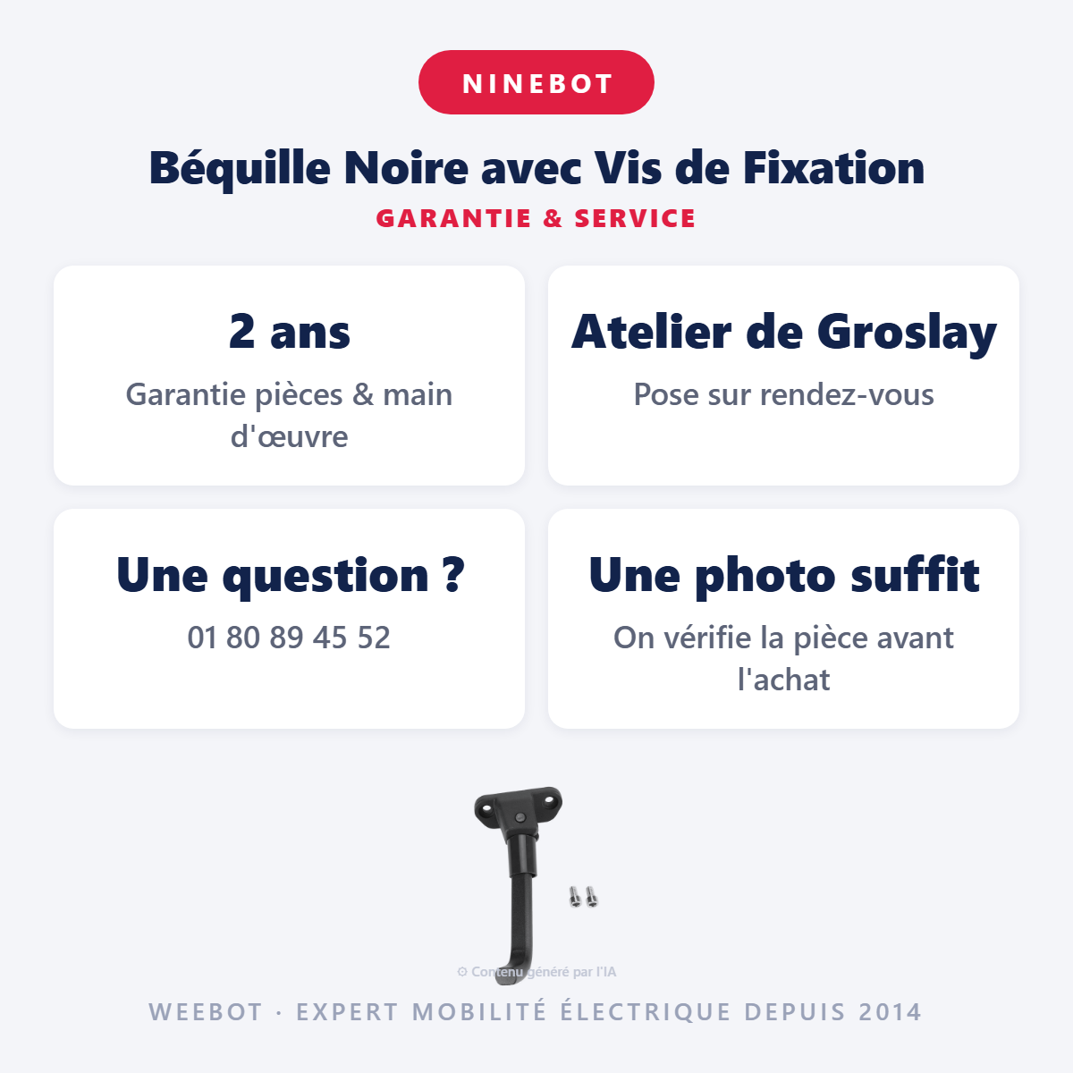 Béquille Noire avec Vis de Fixation : garantie 2 ans et service après-vente