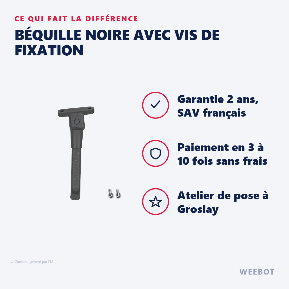 Béquille Noire avec Vis de Fixation : les points forts
