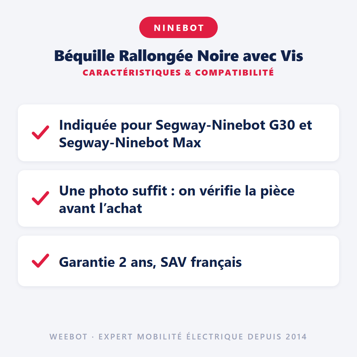 Béquille Rallongée Noire avec Vis : caractéristiques et compatibilité