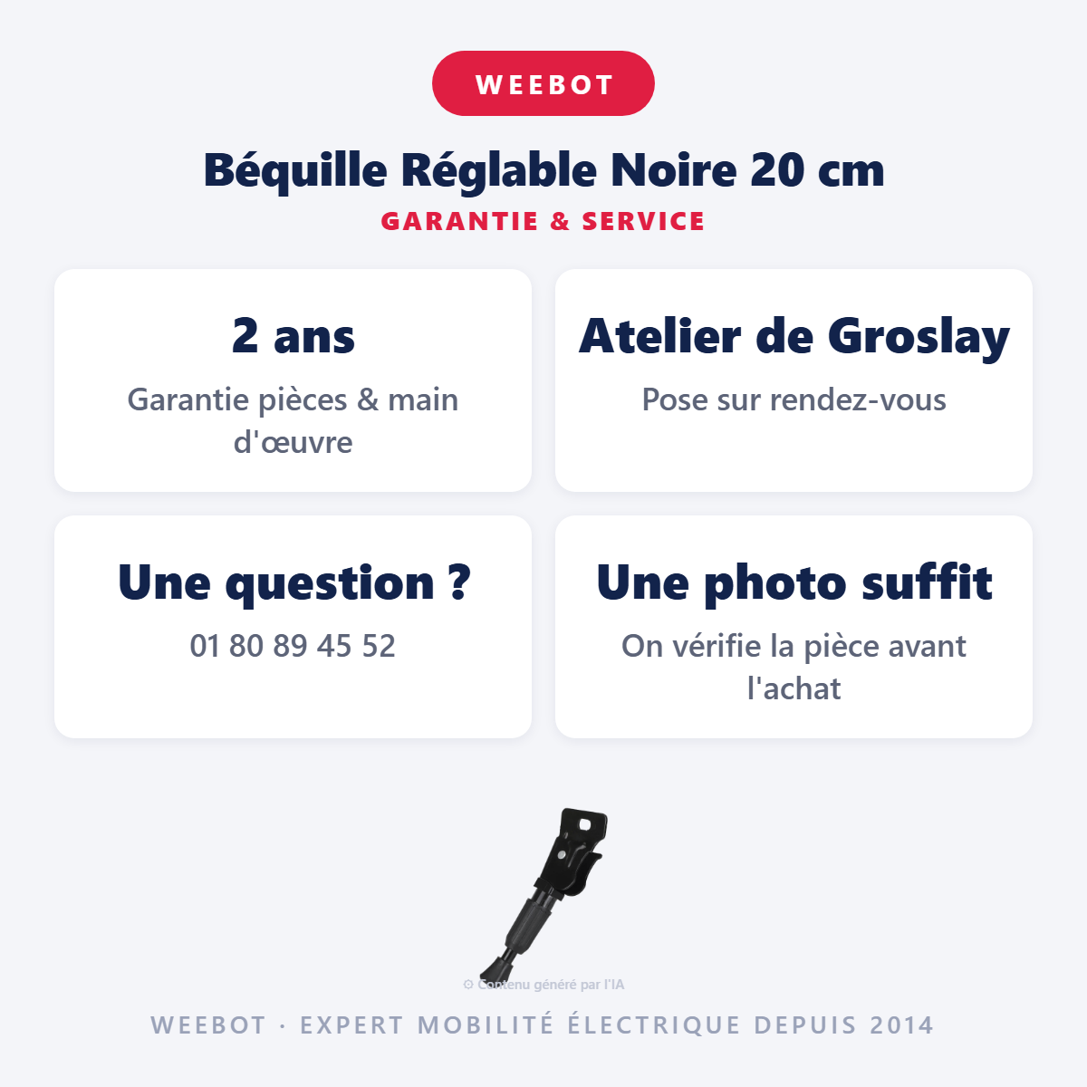 Béquille Réglable Noire 20 cm : garantie 2 ans et service après-vente