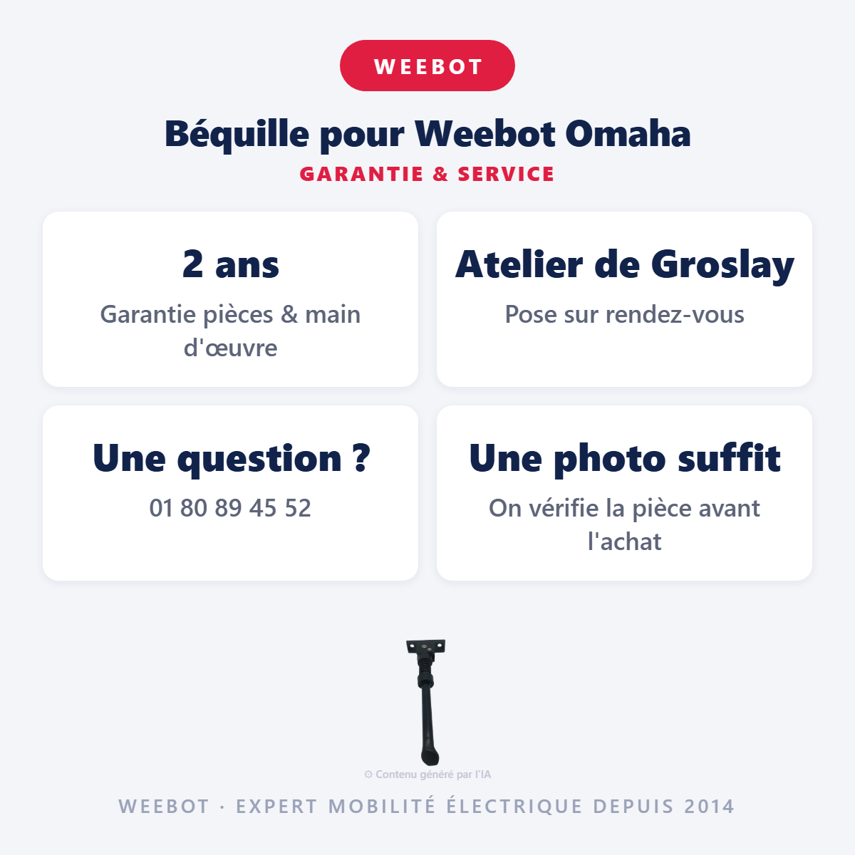 Béquille pour Weebot Omaha : garantie 2 ans et service après-vente