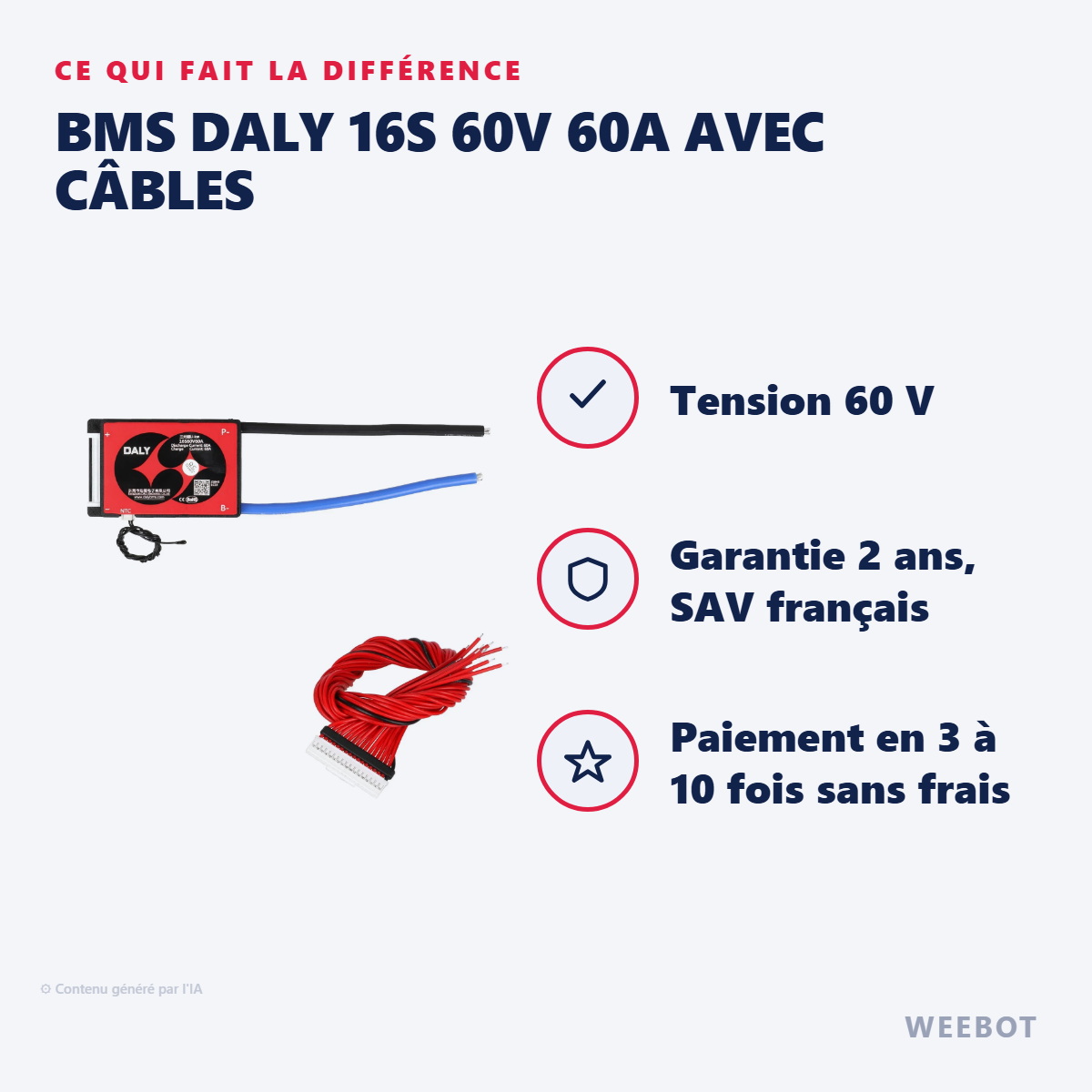 BMS Daly 16S 60V 60A avec Câbles : les points forts