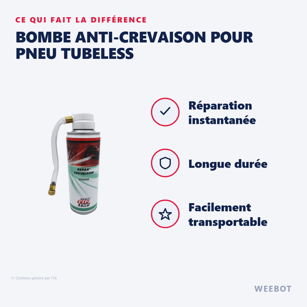 Bombe Anti-Crevaison pour Pneu Tubeless : les points forts