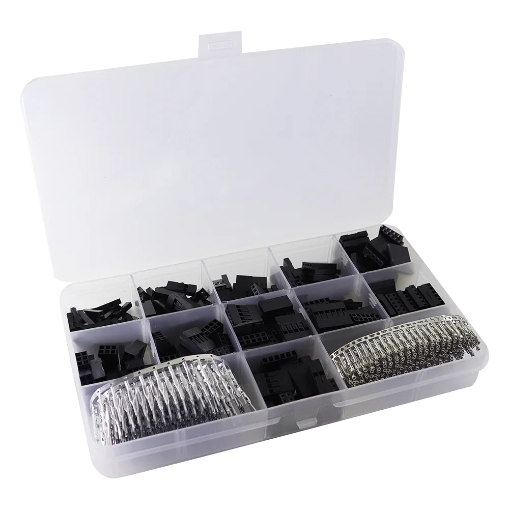 Boîte de rangement transparente contenant un kit de 620 connecteurs et pins Dupont 2,54 mm