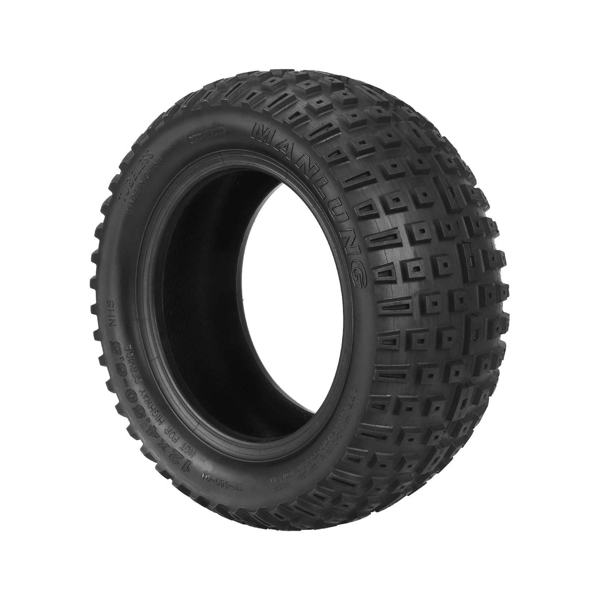 Pneu tubeless tout-terrain 12 pouces noir vu en trois-quarts