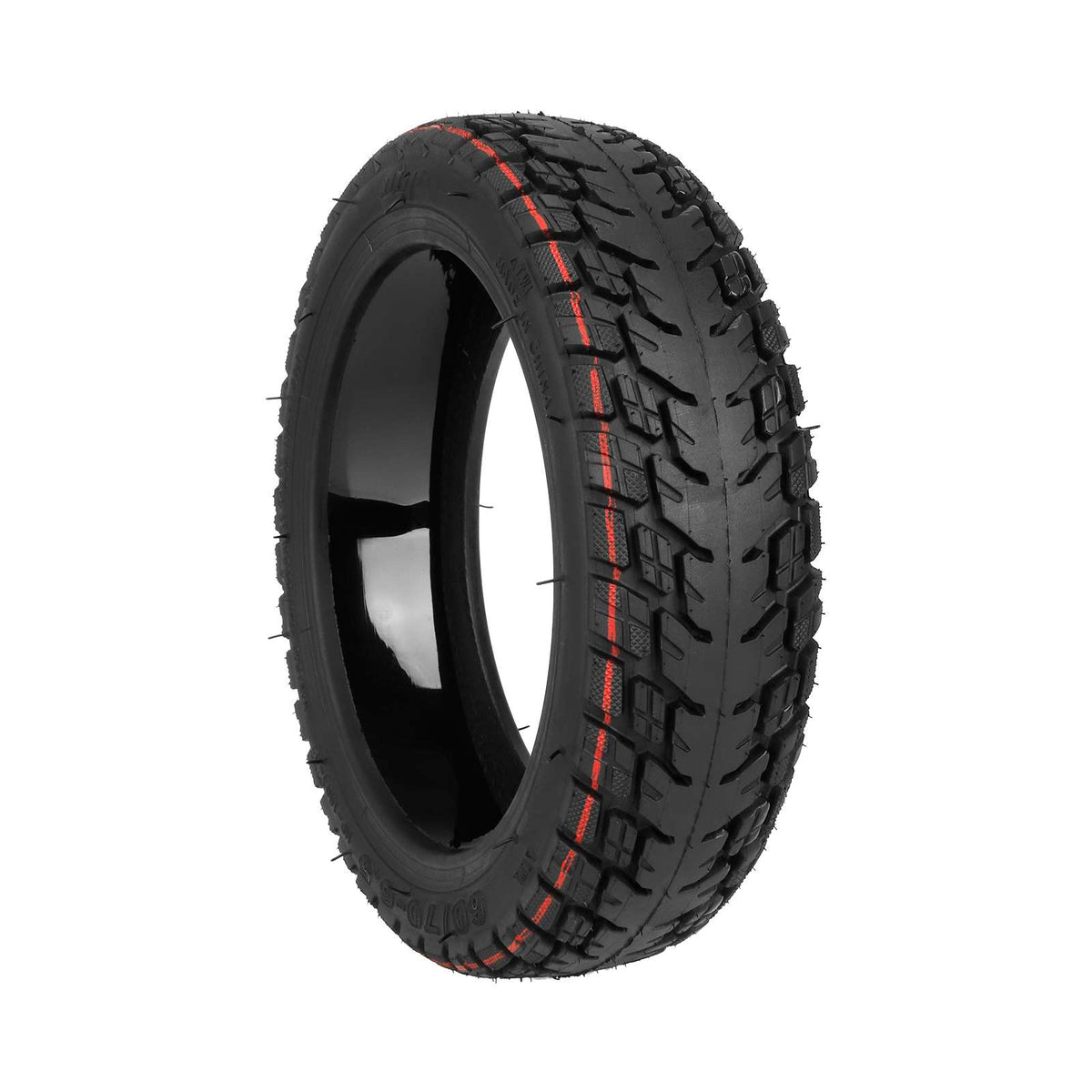 Pneu tubeless tout-terrain 10 pouces noir avec bandes rouges vu en perspective