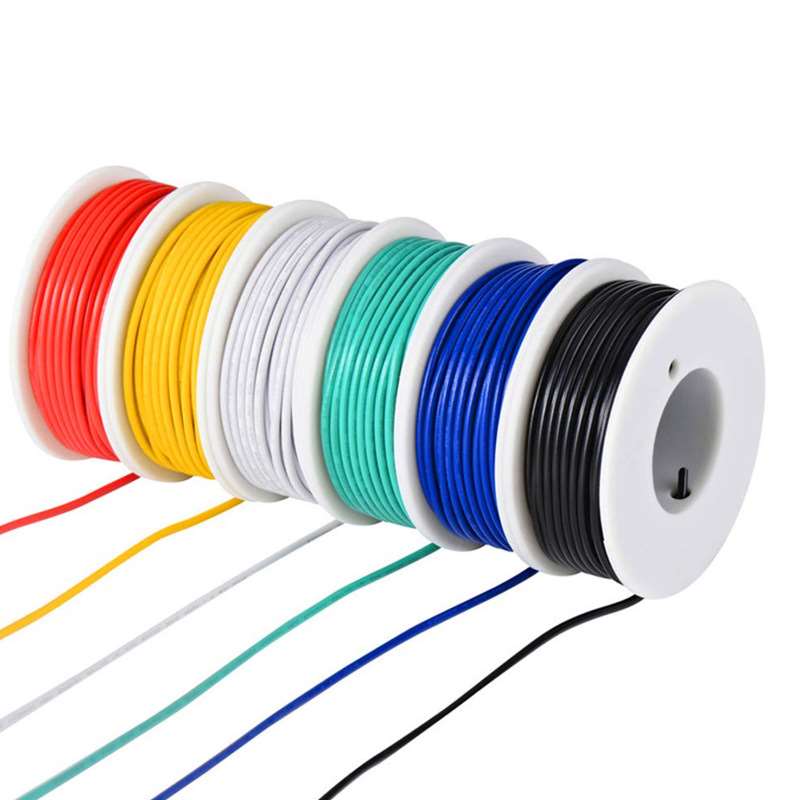 Six bobines de fils électriques en silicone de différentes couleurs : rouge, jaune, blanc, vert, bleu et noir