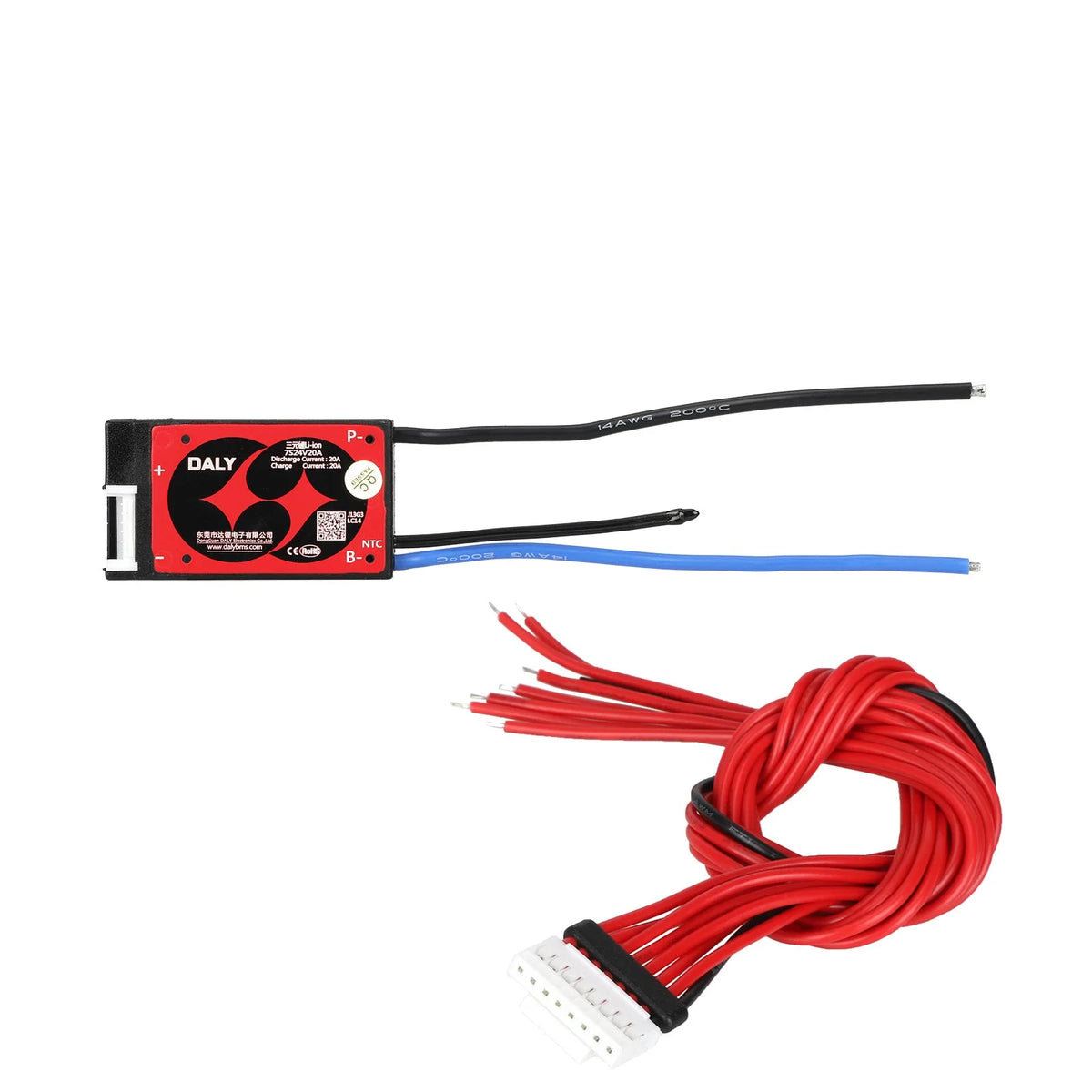 Carte de protection BMS Daly 24V 20A rouge avec son câblage