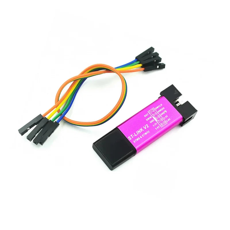 Programmateur émulateur ST-Link V2 rose avec ses câbles de connexion
