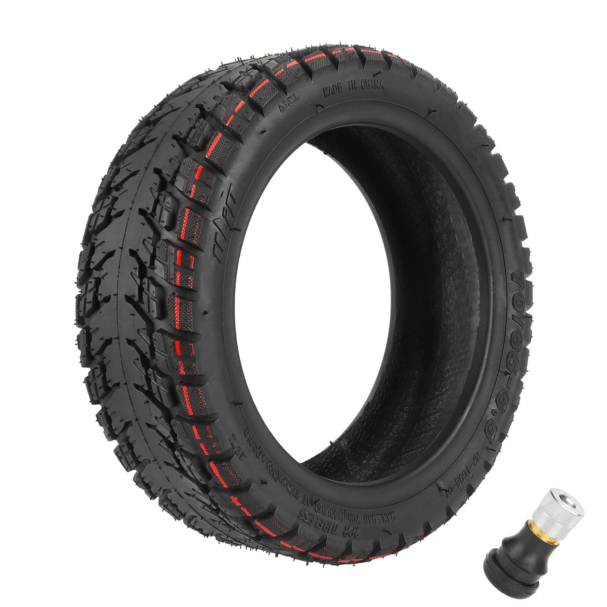 Pneu tubeless tout-terrain 10 pouces noir avec motifs rouges et sa valve
