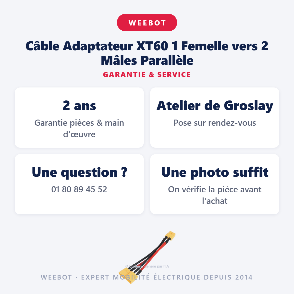 Câble Adaptateur XT60 1 Femelle vers 2 Mâles Parallèle : garantie 2 ans et service après-vente
