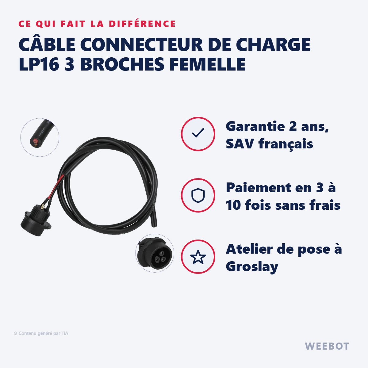 Câble Connecteur de Charge LP16 3 Broches Femelle : les points forts