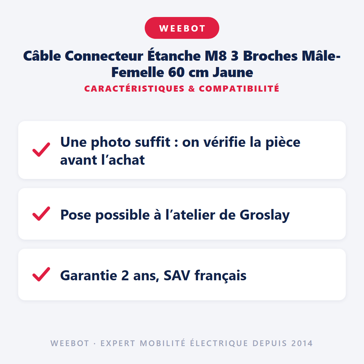 Câble Connecteur Étanche M8 3 Broches Mâle-Femelle 60 cm Jaune : caractéristiques et compatibilité