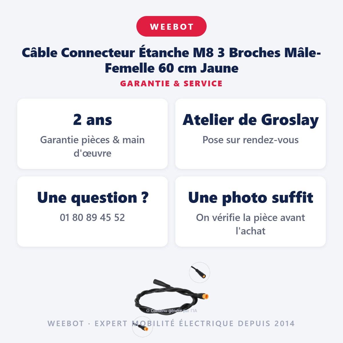 Câble Connecteur Étanche M8 3 Broches Mâle-Femelle 60 cm Jaune : garantie 2 ans et service après-vente