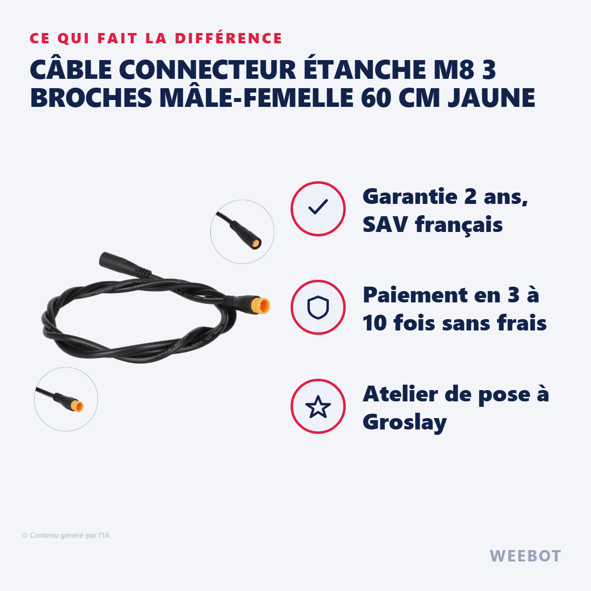 Câble Connecteur Étanche M8 3 Broches Mâle-Femelle 60 cm Jaune : les points forts