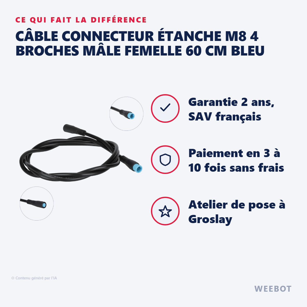 Câble Connecteur Étanche M8 4 Broches Mâle Femelle 60 cm Bleu : les points forts