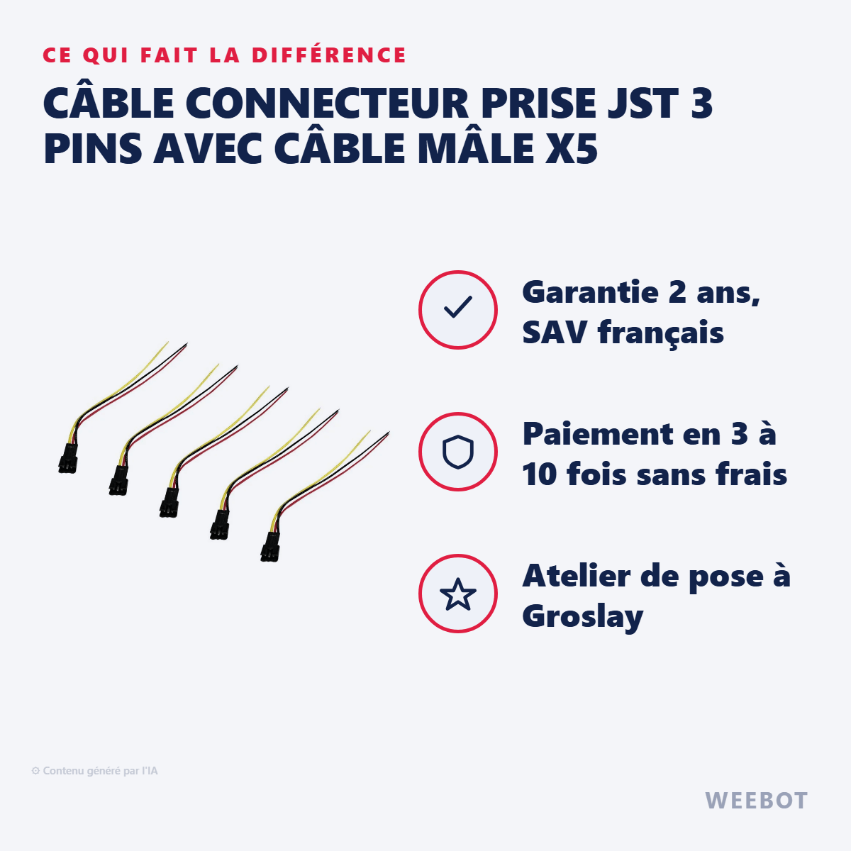 Câble Connecteur Prise JST 3 Pins avec Câble Mâle x5 pour Trottinette Électrique - Weebot