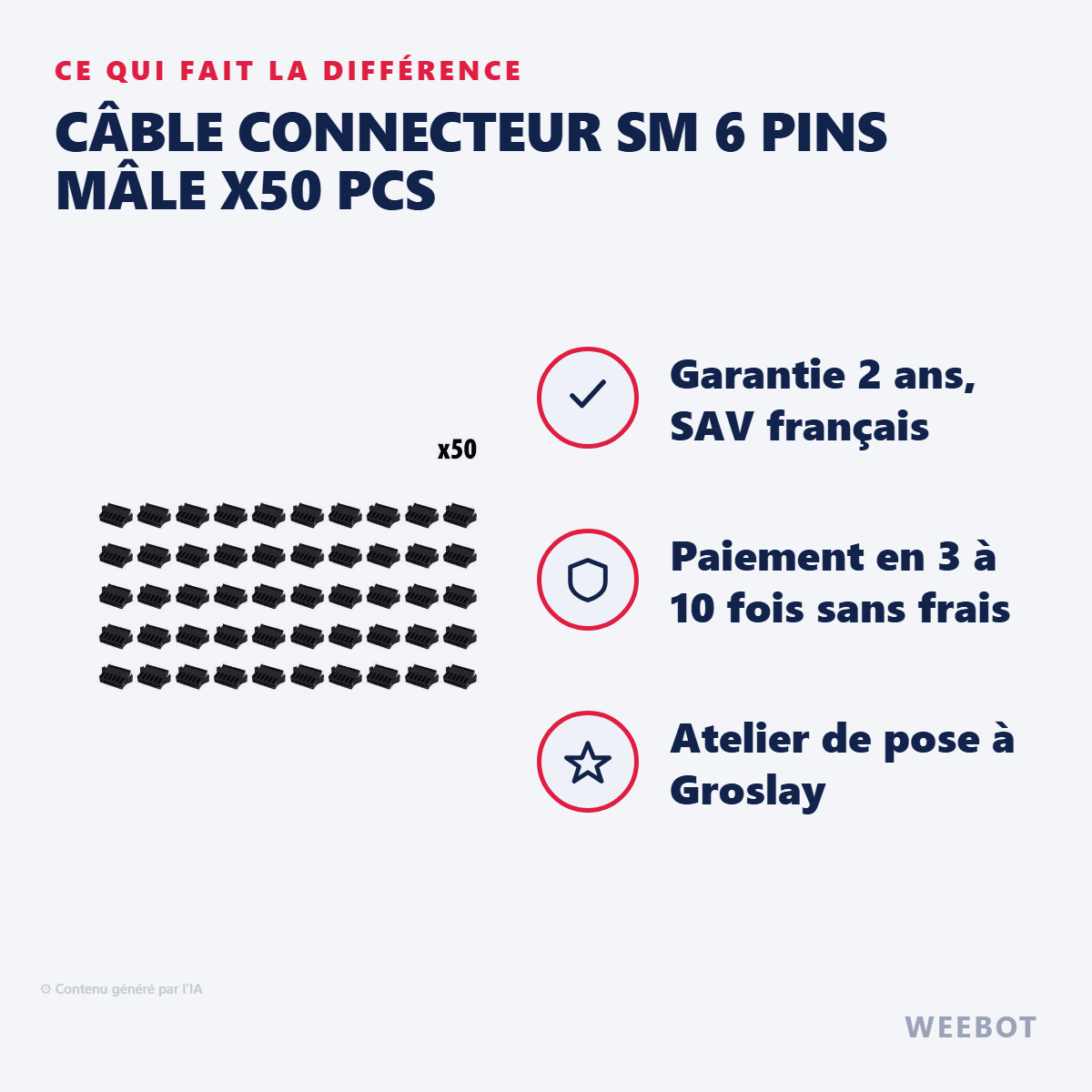 Câble Connecteur SM 6 Pins Mâle X50 pcs pour Trottinette Électrique - Weebot