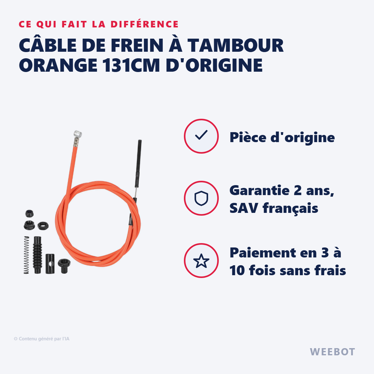 Câble de Frein à Tambour Orange 131cm d'Origine : les points forts