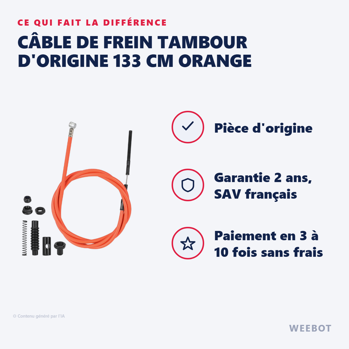 Câble de Frein Tambour d'Origine 133 cm Orange : les points forts