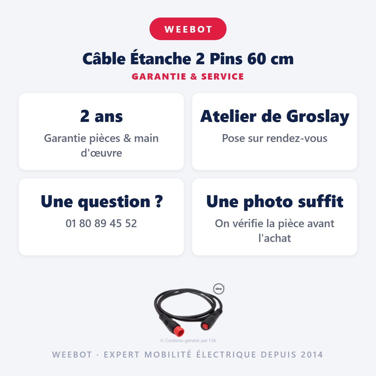 Câble Étanche 2 Pins 60 cm : garantie 2 ans et service après-vente